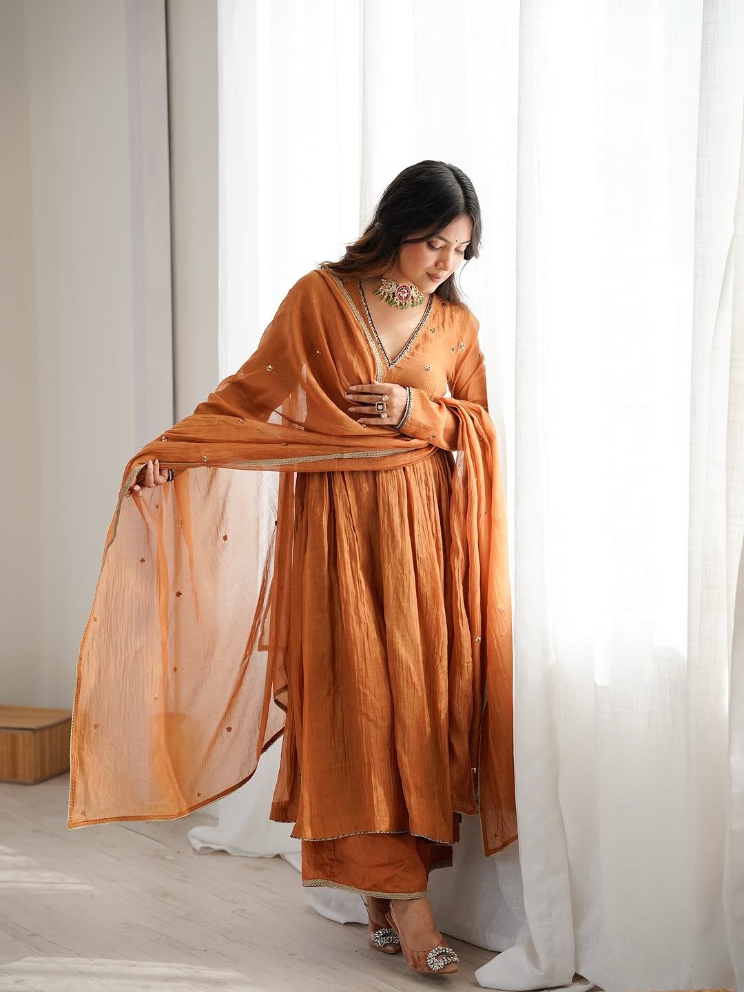 Mul Cotton Anarkali with Churi Sleeves Set of 3