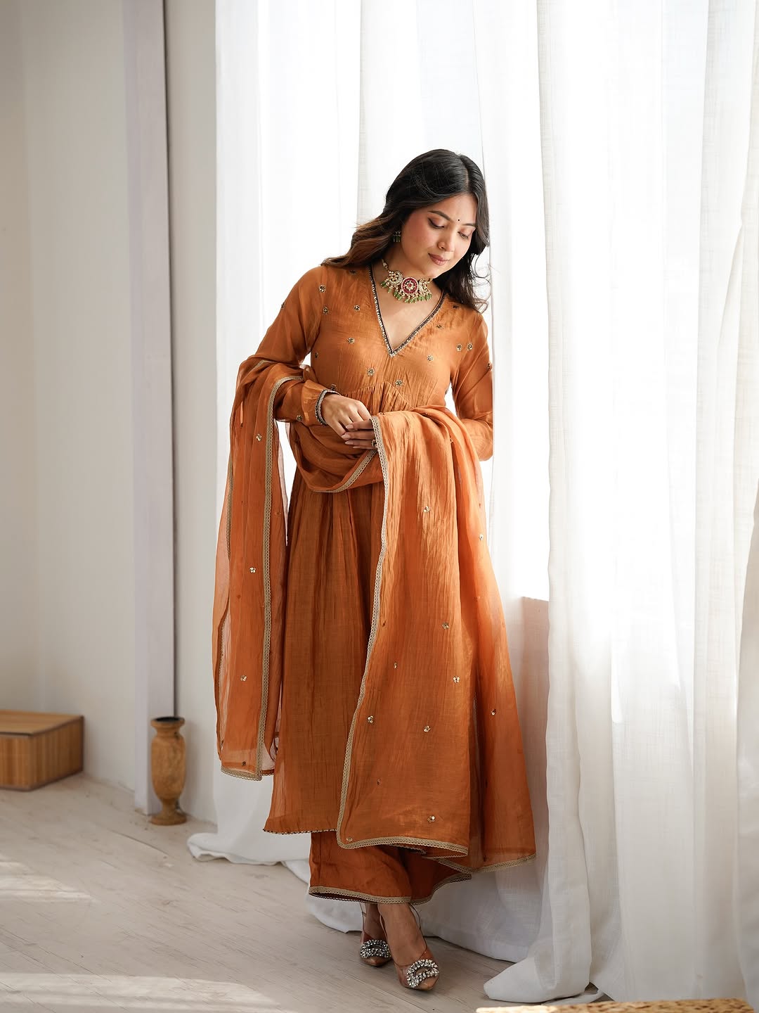 Mul Cotton Anarkali with Churi Sleeves Set of 3