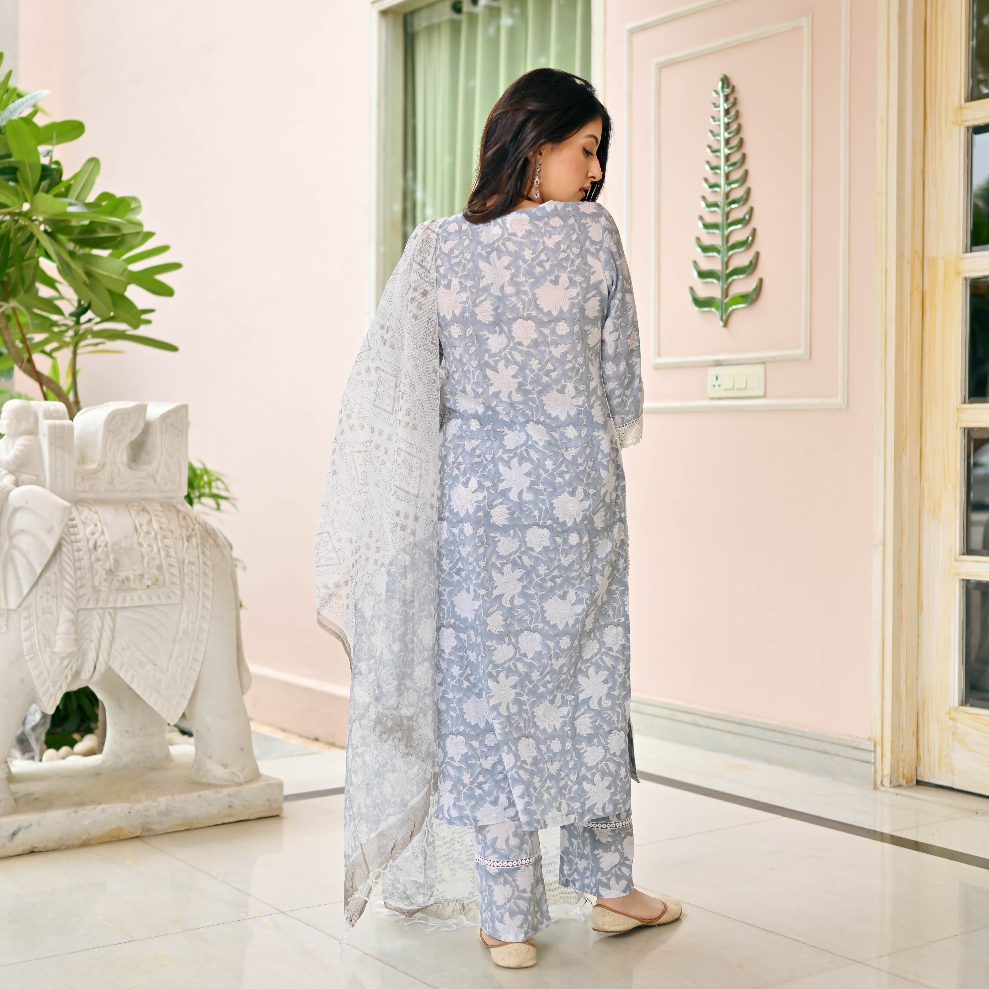 Grey White Handblock Printed Suit Set