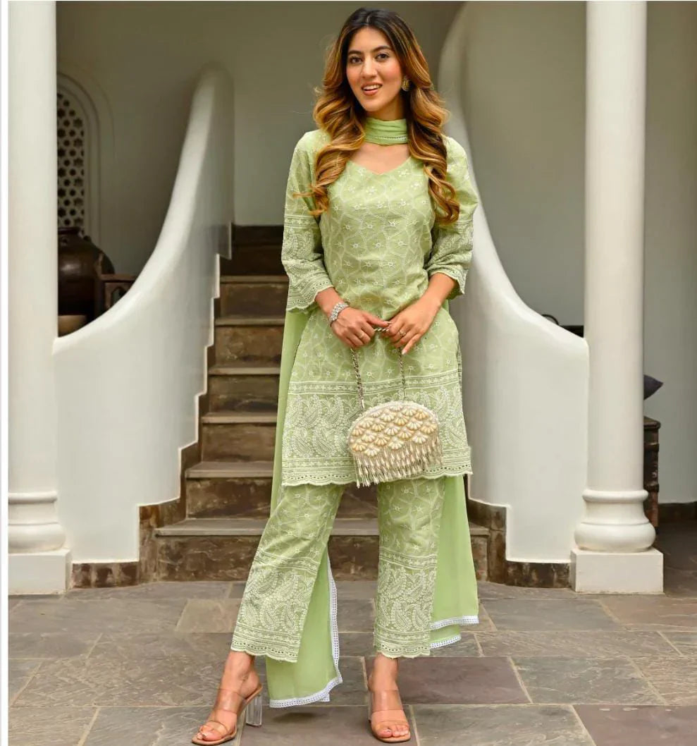 LIGHT GREEN CHIKENKARI KURTA SET WITH DUPATTA