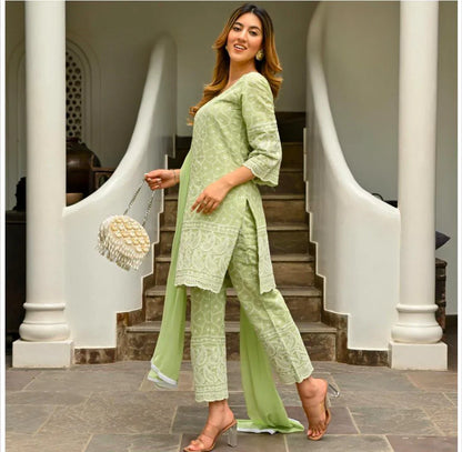 LIGHT GREEN CHIKENKARI KURTA SET WITH DUPATTA