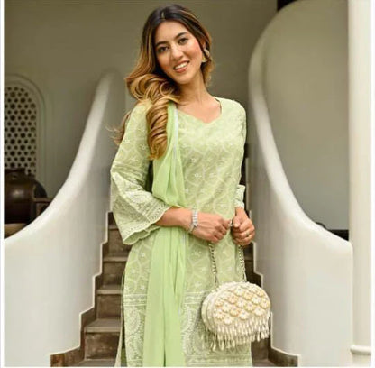 LIGHT GREEN CHIKENKARI KURTA SET WITH DUPATTA