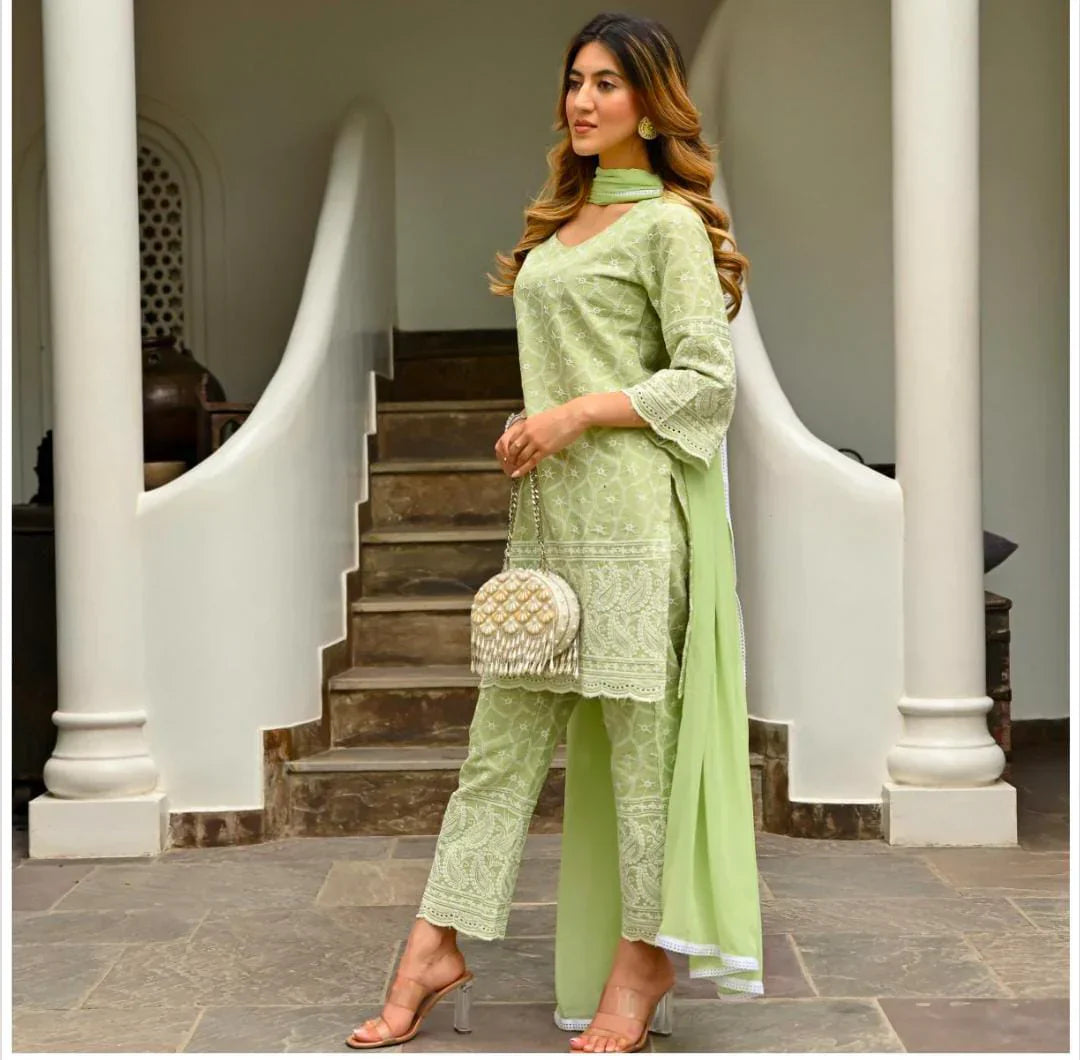 LIGHT GREEN CHIKENKARI KURTA SET WITH DUPATTA