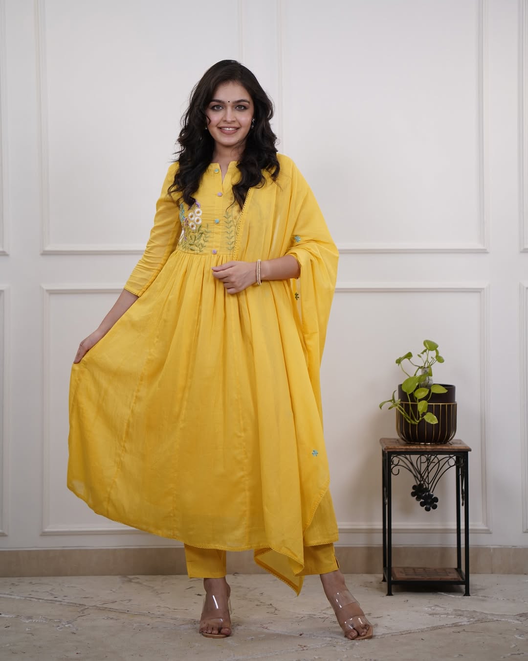 Beautiful Embroidery Work Yellow Kurti 3Pis Set