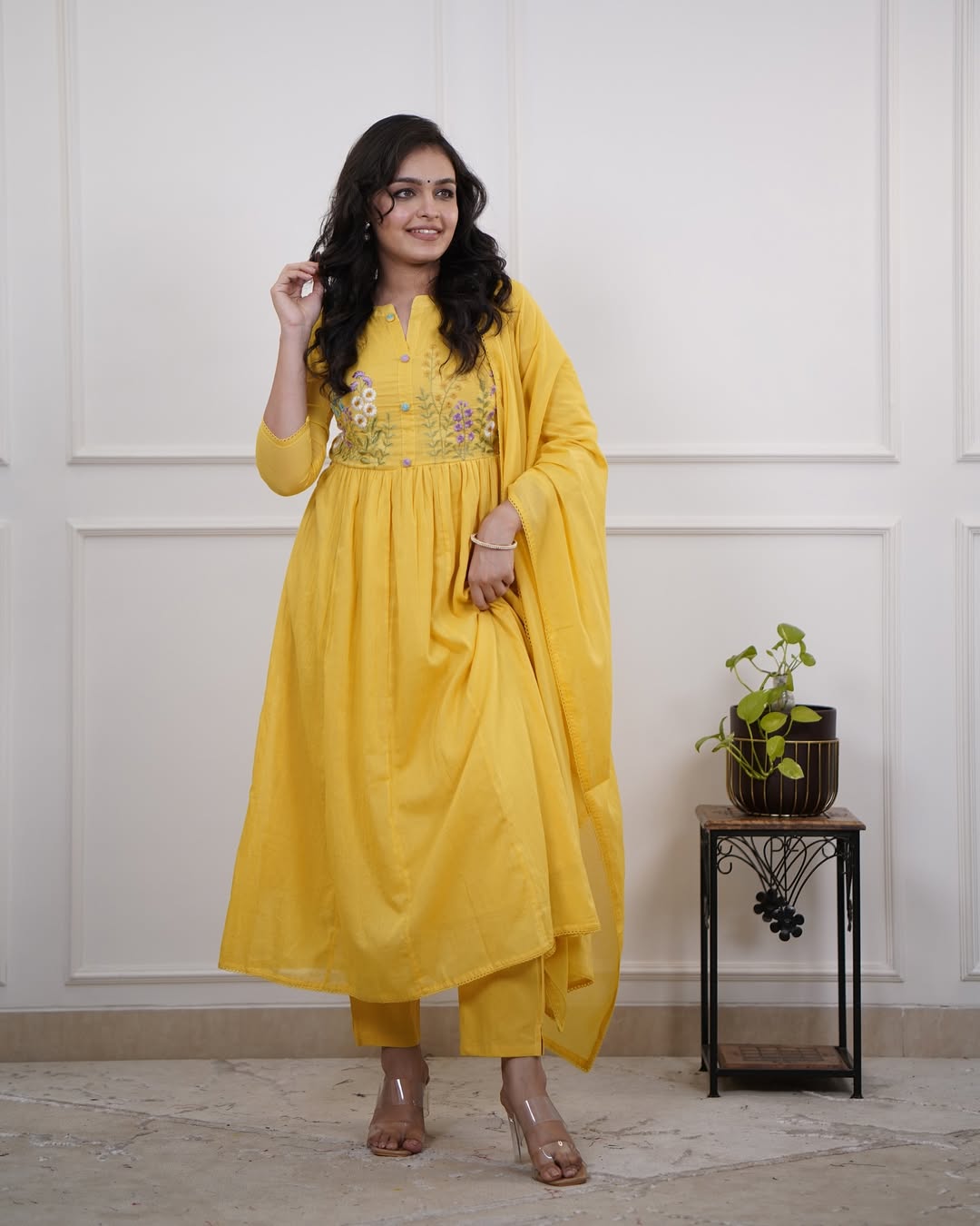 Beautiful Embroidery Work Yellow Kurti 3Pis Set